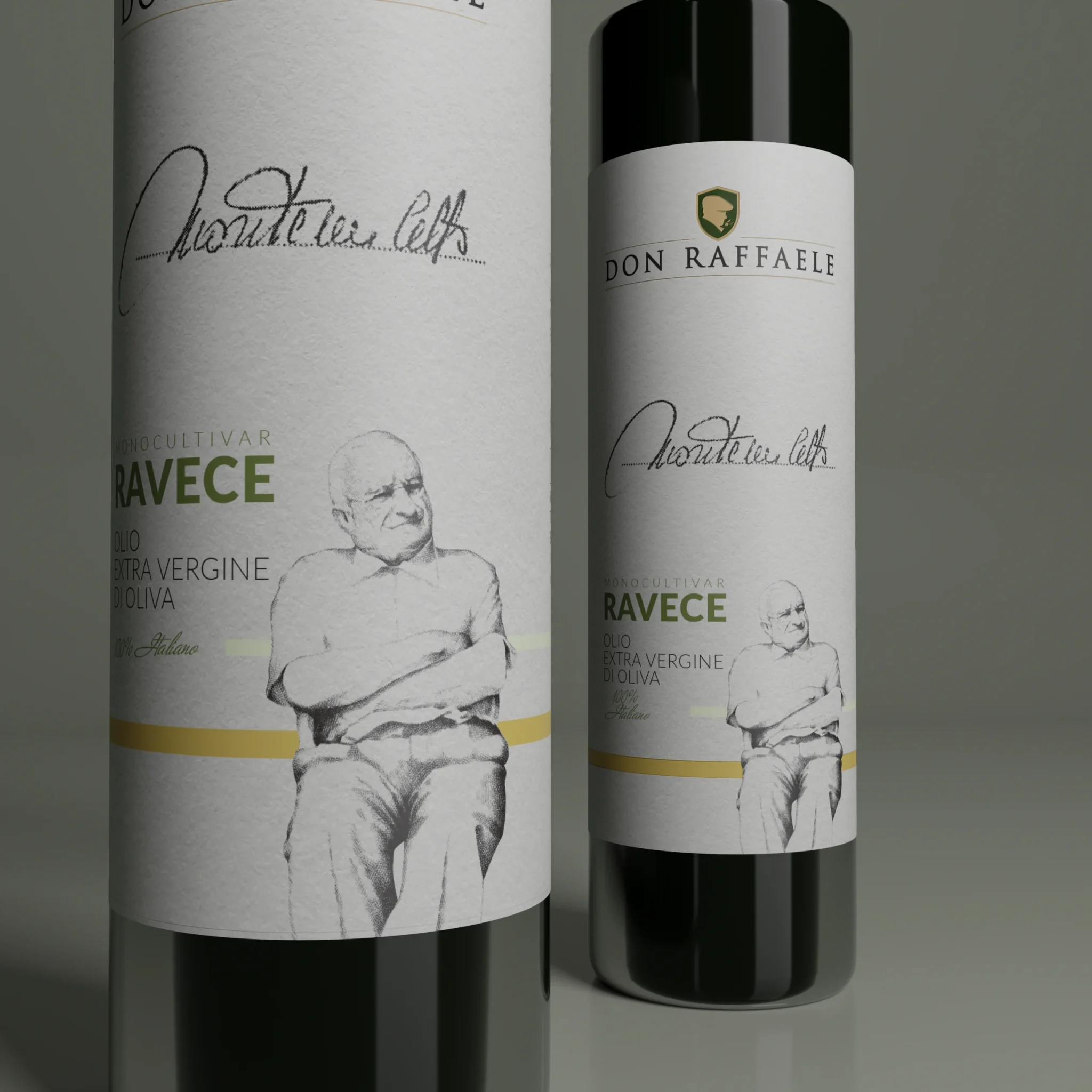 Etichetta e presentazione bottiglia olio monocultivar Ravece Don Raffaele