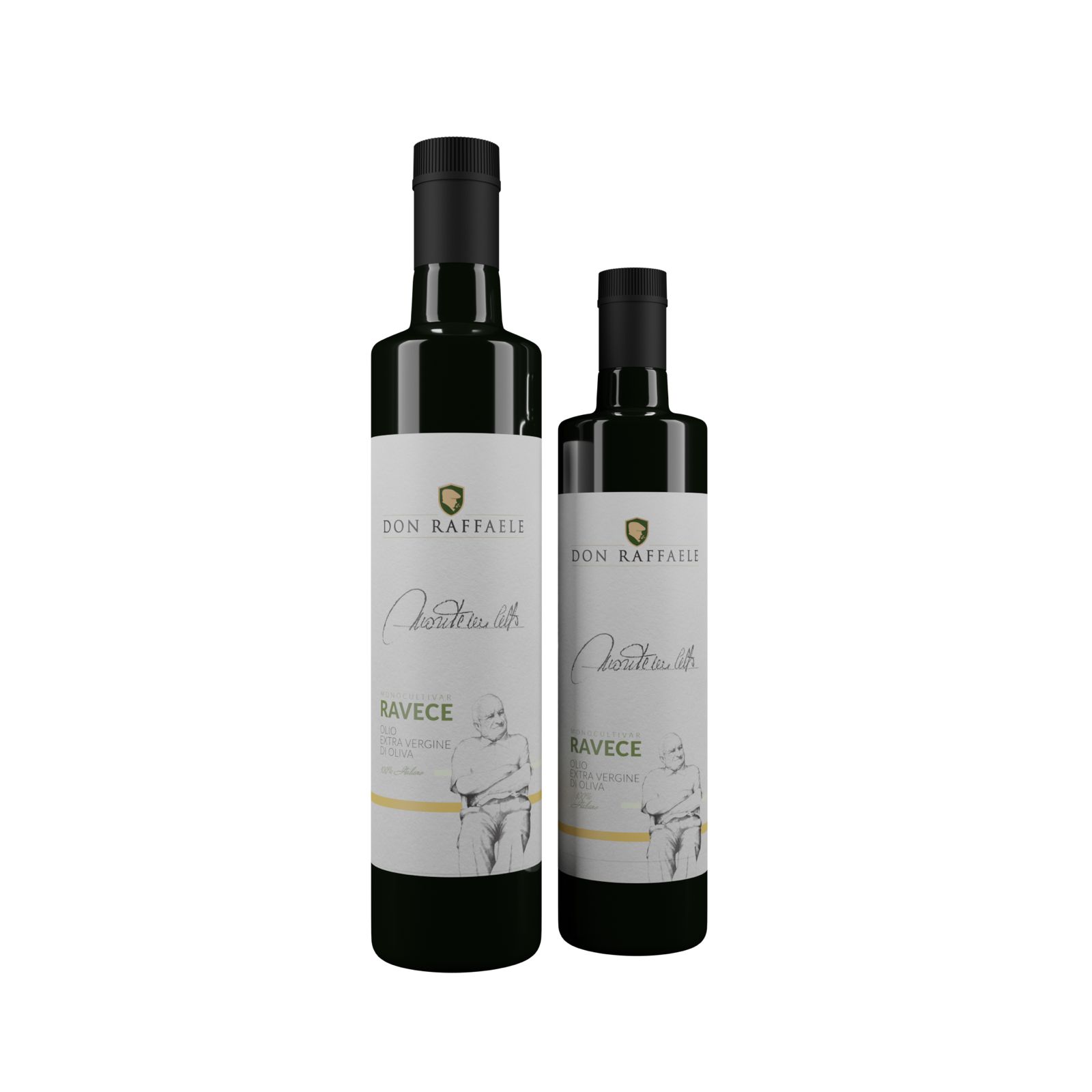 Bottiglie da 0,25 e 0,5 L di olio extravergine monocultivar Ravece Don Raffaele